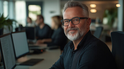 A man is working in a modern office, probably doing professional or training activities.