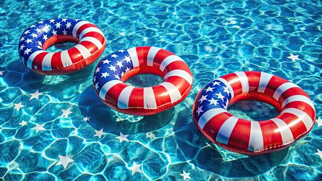 Patriotic pool floaties in red, white, and blue colors with stars and stripes pattern perfect for Fourth of July celebration