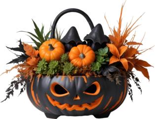 Black Halloween pumpkin with plants, ideal for scene mockups, combining spooky and natural elements