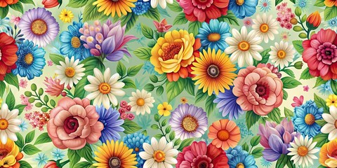 Seamless pattern featuring colorful flowers on a floral background, floral, seamless, pattern, flowers, background, nature