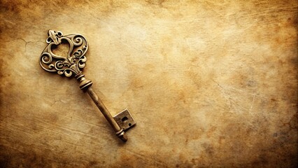 Old key on vintage textured paper with unique natural patterns, antique, aged, retro, rustic, vintage, metal, object