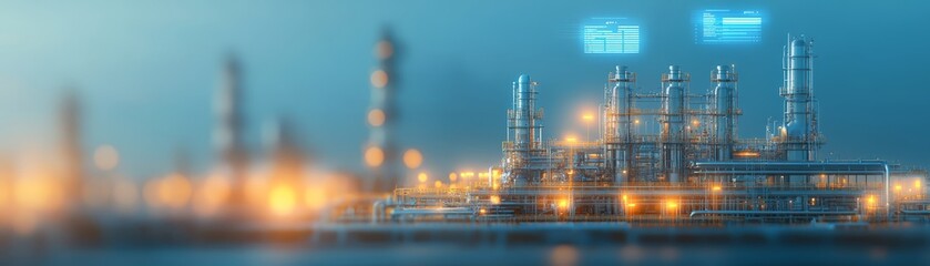 Futuristic industrial refinery with digital overlays