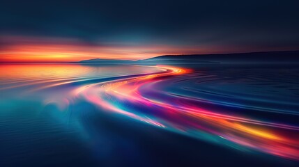 Abstract sunset over calm water with a glowing trail.