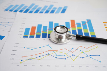 Stethoscope and US dollar banknotes on chart or graph paper, Financial, account, statistics and...