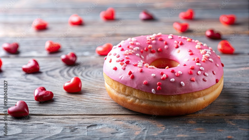 Wall mural valentine pink donut with strawberry frosting and decorative hearts, valentine, pink, donut, strawbe