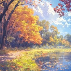 Autumn's Enchanted Riverbank: Anime-Style Idyll Amidst a Canvas of Vibrant Fall Hues for Seasonal Marketing and Travel Posters,anime-style,illustration,Picture BooksFor Poster,Novel,UI,WEB,Game,Design