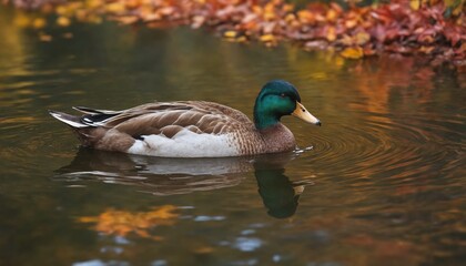 Obraz premium Majestic mallard duck gliding through colorful autumn leaves reflected in serene pond