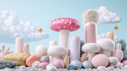 A whimsical landscape featuring colorful mushrooms, soft textures, and butterflies against a serene sky, evoking a playful nature scene.