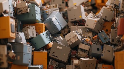 A large pile of electrical circuit breakers, mostly in shades of grey, blue and orange.