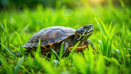 Turtle camouflaged in the lush green grass, turtle, grass, nature, green, camouflage, wildlife, animal, reptile, outdoor