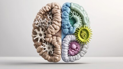 Naklejka premium Intricate 3D illustration of a brain divided into four sections, showcasing various textures and colors for scientific visualization.