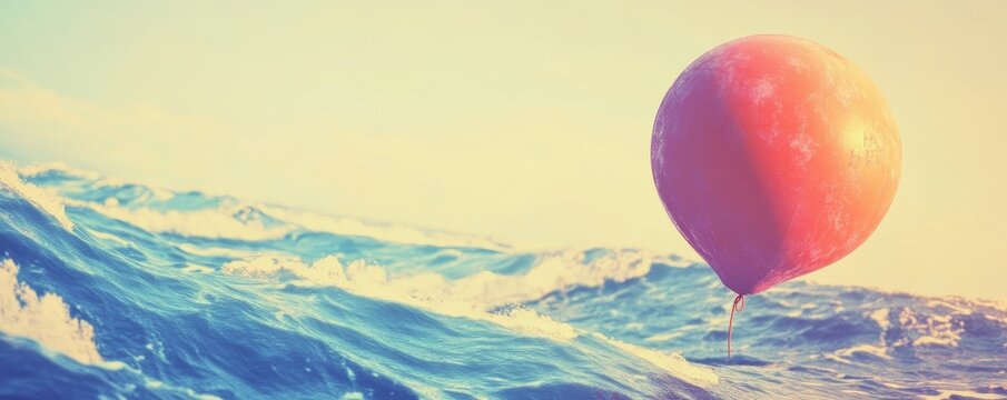 A single red balloon floats above a vast, blue, and white landscape.