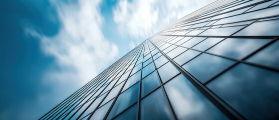 Obraz premium An upward view of a modern glass building reflecting the sky and clouds, showcasing contemporary architecture and urban design.