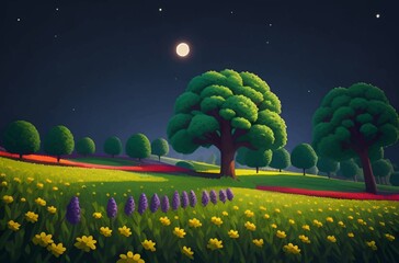 Beautiful and Peaceful Nature Scenery Illustration, Landscape, Countryside, Tranquil, Vibrant and Colorful