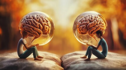 Two small figures sit facing each other, holding large, transparent spheres containing human brains. The backdrop is a warm, autumnal forest.