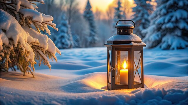 Old lantern with burning candle in snowy night winter landscape, lantern, candle, snow, night, winter, landscape, cold, vintage