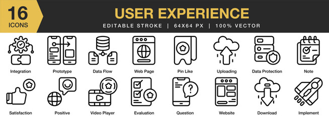 User Experience icon set. Editable Stroke Icon Collection. Includes data flow, download, evaluation, implement, note, pin like, and More. Outline icons vector collection.