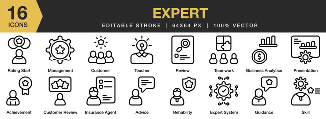 Expert icon set. Editable Stroke Icon Collection. Includes guidance, insurance agent, management, presentation, review, and More. Outline icons vector collection.