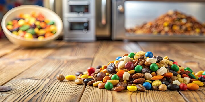 Healthy trail mix scattered on a wooden table, with vending machine candy in the background, Trail mix, healthy, snacks - Powered by Adobe