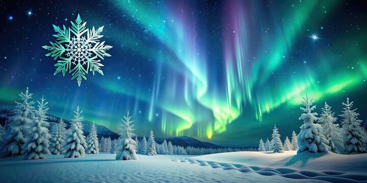 Snowflakes falling under the Northern Lights, creating a magical winter wonderland , winter, wonderland, magical, snowflakes