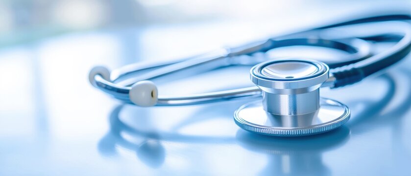 This close-up image features a stethoscope on a reflective surface, symbolizing health and medical care in a clinical setting.