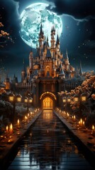 Fototapeta premium Halloween night moon composition with glowing pumpkins vintage castle and bats flying over cemetery flat 