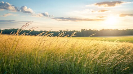 Fototapeta premium Serene Grassland Vista with Swaying Tall Grasses and Distant Trees - Nature Landscape Scene with Copy Space