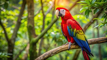Red Macaw Parrot perched on tree branches in the forest, Red Macaw, Parrot, Bird, Perched, Tree branches, Forest