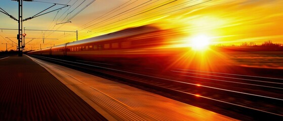 A dynamic scene of a speeding train at sunset, showcasing vibrant colors and an energetic atmosphere at the railway station.