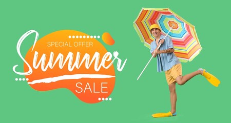 Banner for Summer Sale with young man with beach umbrella and flippers © Pixel-Shot