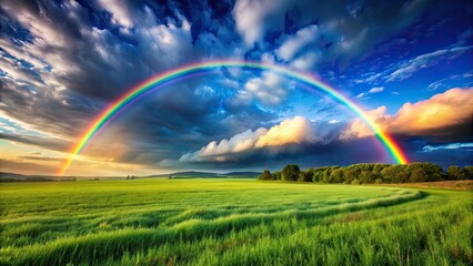 Obraz premium Vibrant rainbow arching over a lush green field, rainbow, field, nature, colorful, vibrant, sky, clouds, sunlight, landscape