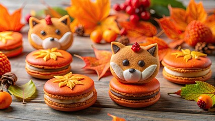Orange fox-shaped macaroons with autumn themed decorations, orange, fox, macaroons, autumn, themed, decorations, fall, seasonal
