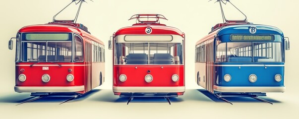 Three vintage trams, red, blue and white, lined up on a street.