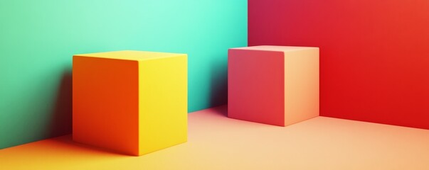 Two colorful cubes in a vibrant studio setting.