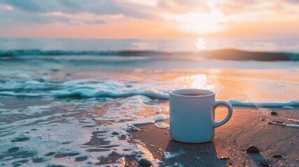 A white mug of coffee sits on a sandy beach, with foamy waves and a bright sunset in the background.