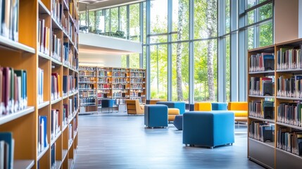 Modern library interior with bookshelves and seating areas, filled with natural light.