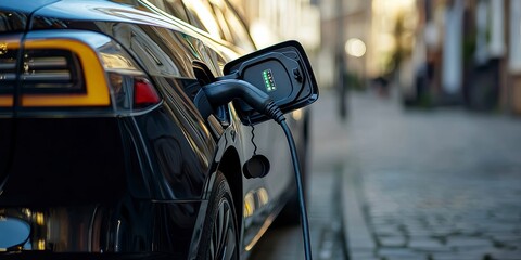 The electric car is charging at an open station in the city