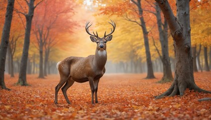 Majestic stag standing proudly amidst vibrant autumn foliage in a misty forest