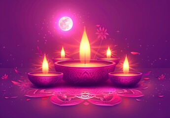 Colorful Happy Diwali festival backdrop with bokeh lights, oil lamp, flower on red background