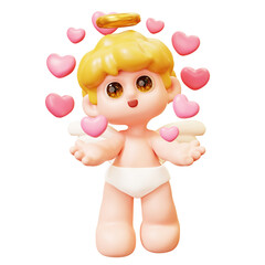 Funny Cupid Spreading Love, a lot of pink heart around him, little angels or amur. Cute Cartoon 3D little kids with heart wings. Happy Valentines day, love and romantic concept.