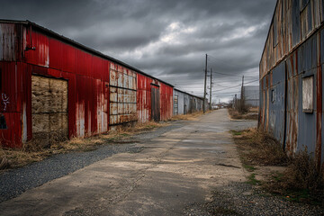 Obraz premium A long row of old, rusted buildings with a grey sky in the background