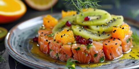 Obraz premium Exquisite salmon tartare with a delightful kiwi and orange glaze