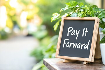 A charming outdoor scene featuring a motivational sign that reads 'Pay It Forward', surrounded by lush greenery.