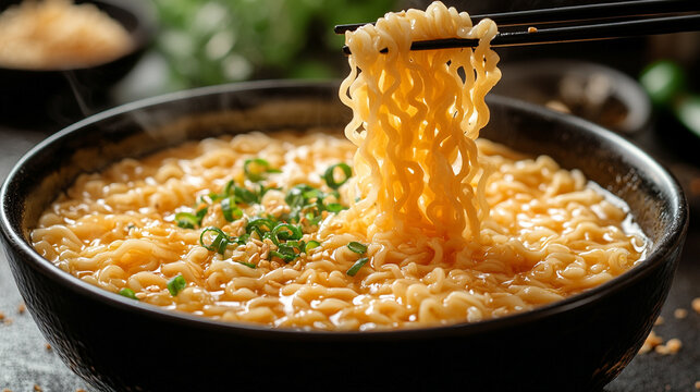 instant noodles with chopsticks, highlighting simplicity and cultural connection. The scene evokes comfort, convenience, and the universal appeal of quick meal