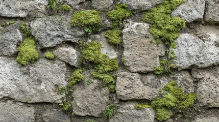 Aged stone wall with moss and weathering, creating a rugged and natural old-world background.