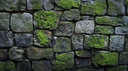 Obraz premium Aged stone wall with moss and weathering, creating a rugged and natural old-world background.