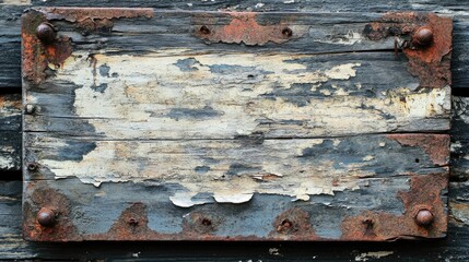 Aged wooden sign with peeling paint and rusty nails, creating a rustic and historic backdrop.