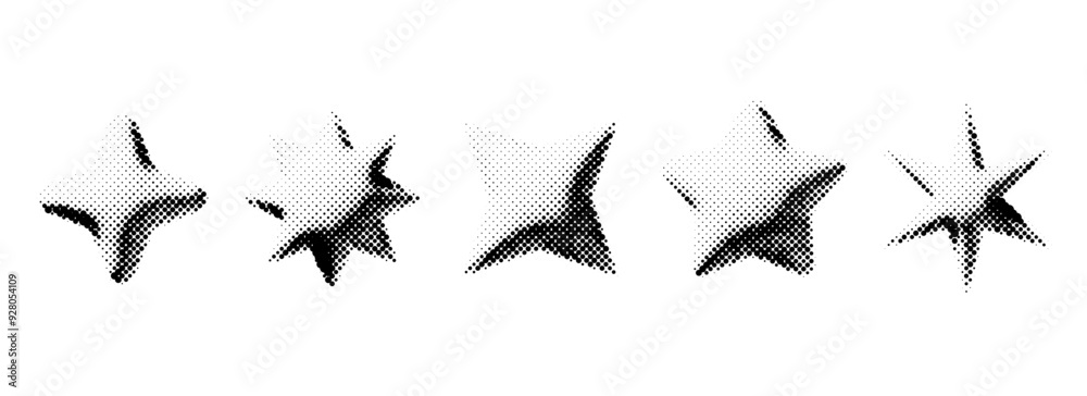 Poster halftone grunge stars set. 3d dotted grainy star shape collection. y2k bitmap gradient elements bund