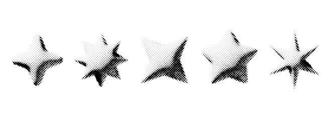 Halftone grunge stars set. 3d dotted grainy star shape collection. Y2K bitmap gradient elements bundle. Pixel comic burst and sparkle elements for graphic design, poster, banner, flyer. Vector pack
