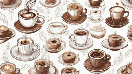 Seamless Pattern of Hand-Drawn Coffee Cups with Leaves on White Background
